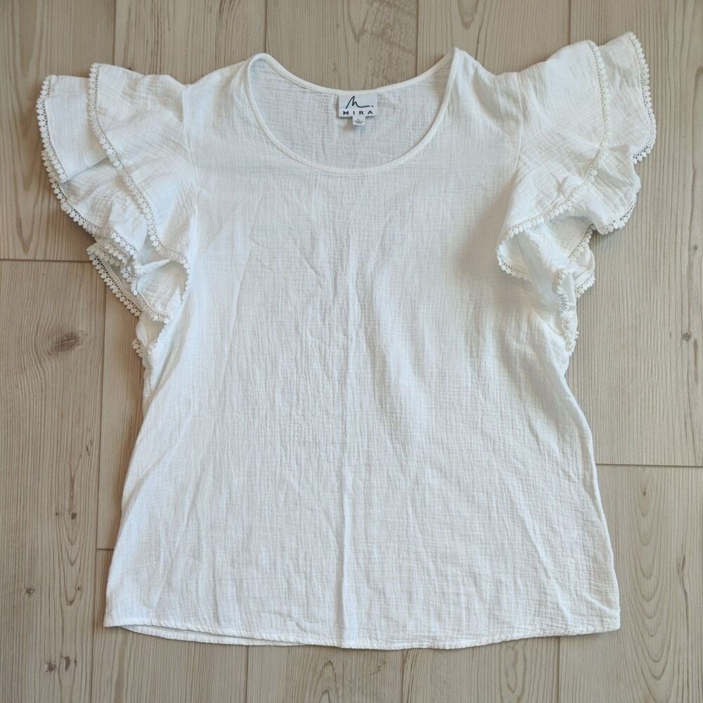 Mira Women's White Ruffle Sleeve Blouse Size Large